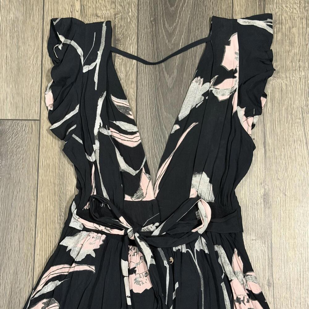 Maaji Floral V-Neck Backless Mini Dress Black Pink Ruffle Sleeve Size Medium - Picture 9 of 15